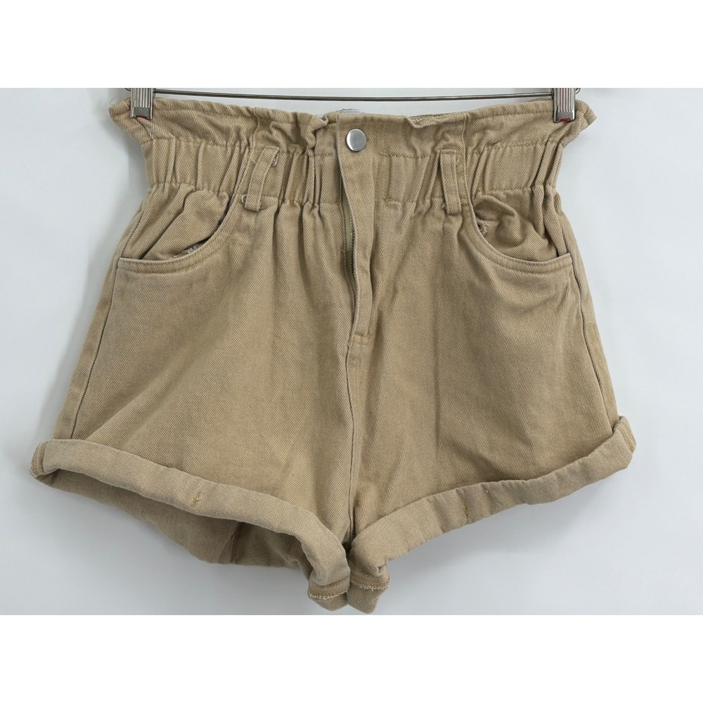 Princess Polly Tan Paperbag Waist Denim‎ Shorts Khaki High Rise Cuffed Size 4